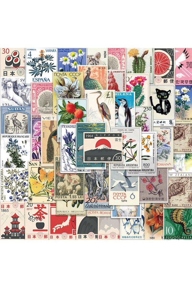 50PCS 50pcs Retro Stamp Art Stickers Vintage Aesthetic Cartoon Decals For Laptop Luggage Skateboard