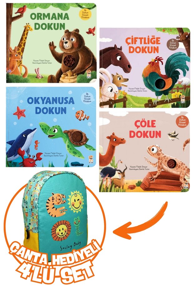 My First Touch and Feel Book-Desert/Ocean/Jungle/Farm Set of 4+Gift SmileyBaby Predator Kindergarten Bag