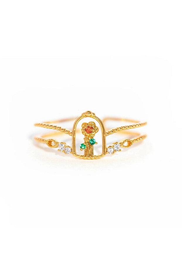 resizable RI24Y0043-4 Mixed Design Cubic Zirconia Ring For Women Gold Plated Candle Teapot Rose Flow