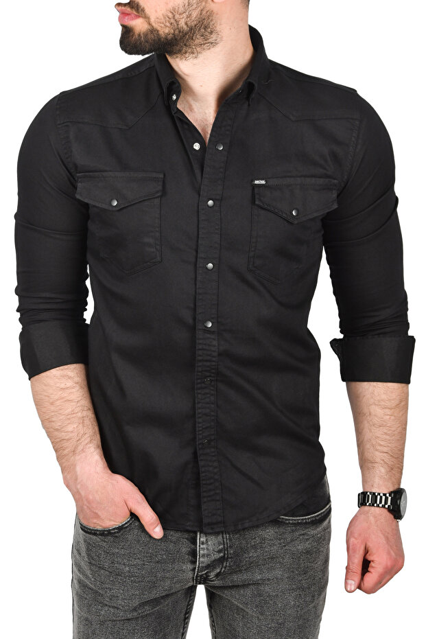 Men's Black Double Pocket Snap Fastener Long Sleeve Denim Shirt 2502503