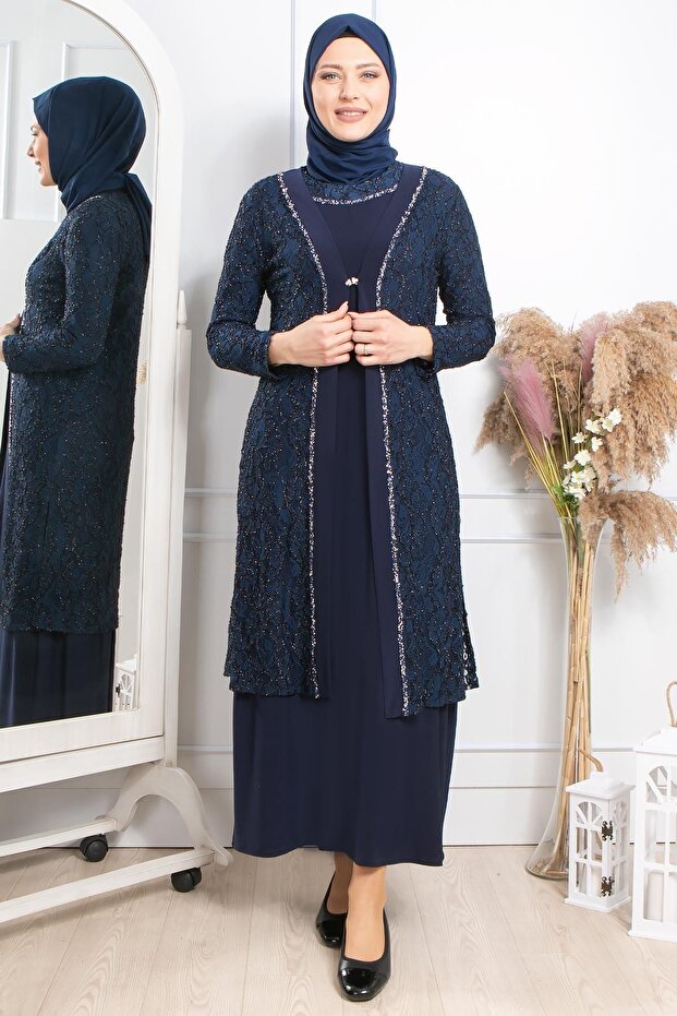 Stone Embroidery Detailed Evening Dress Navy Blue Tbsmda2315