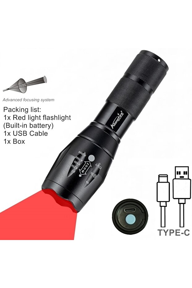 بطارية ليثيوم 18650، مصباح يدوي LED قابل لإعادة الشحن عبر USB مع ضوء أحمر/أخضر/أزرق وخاصية التكبير، للاستخدام الخارجي
