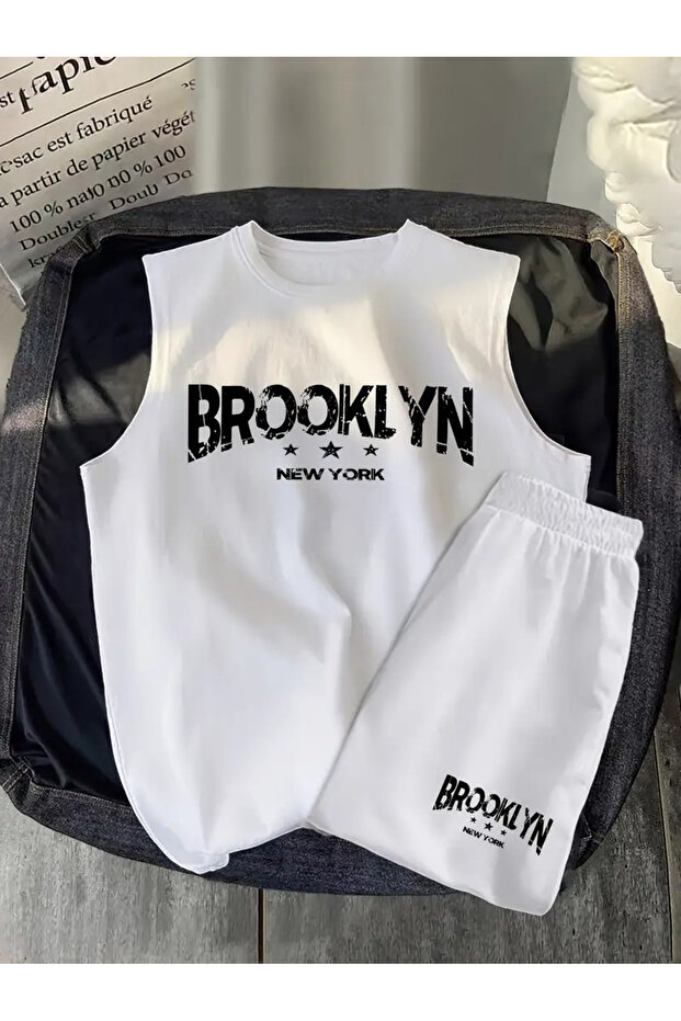 طقم شورت وقميص قصير مطبوع عليه Brooklyn باللون الأبيض للأولاد الصغار (أبيض-أبيض)