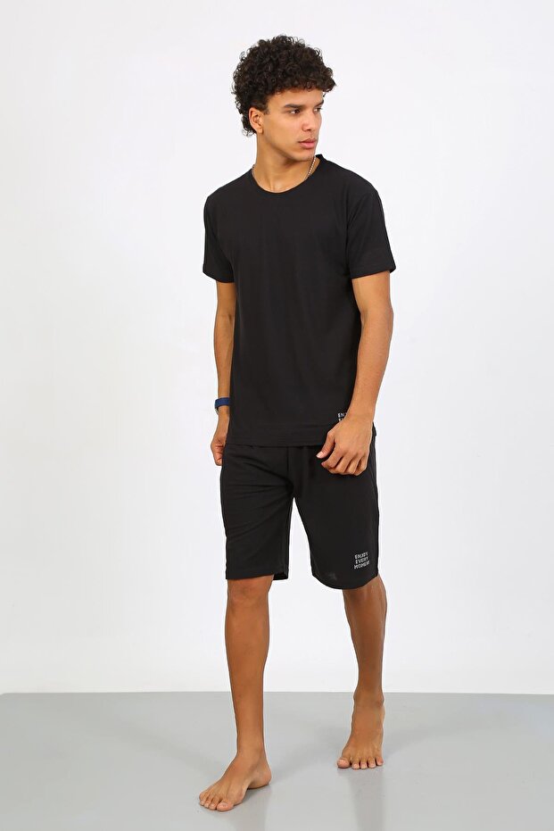 Men's Cotton Lacoste Bottom Top Capri Pajama Suit Black 6872