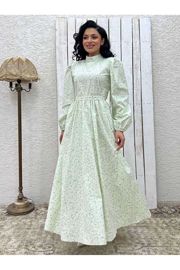 Hijab Water Green Daisy Flared Poplin Dress