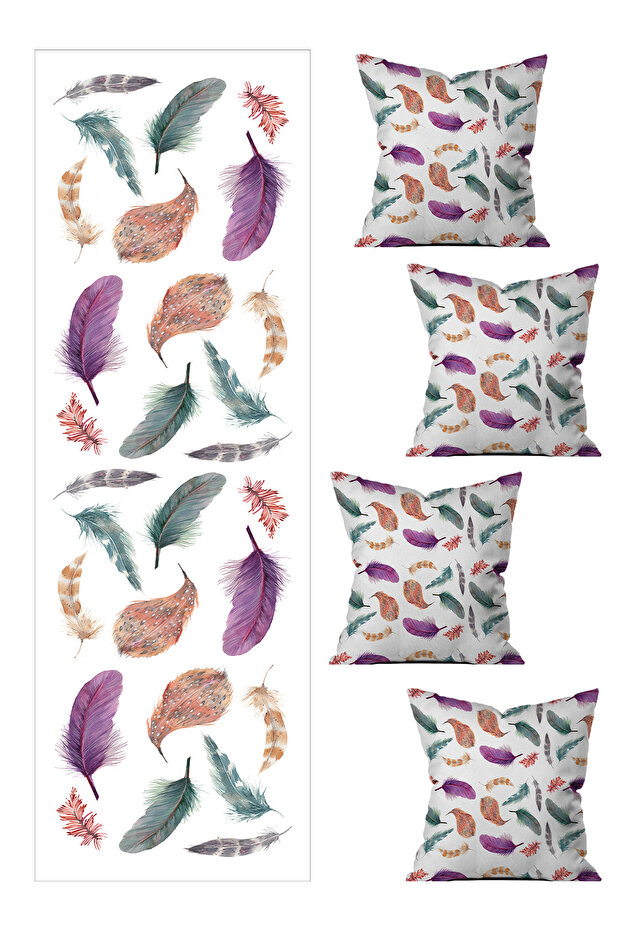 Summer Special Leaf Design Runner and 4-Piece Throw Pillow Cover Set 5 Pieces (140X40) (43X43 cm)