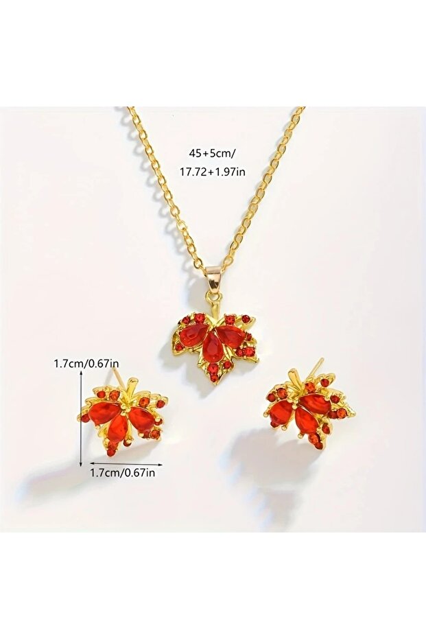 Sonbahar Yaprak Akçaağaç Kolye & Küpe Seti - 3