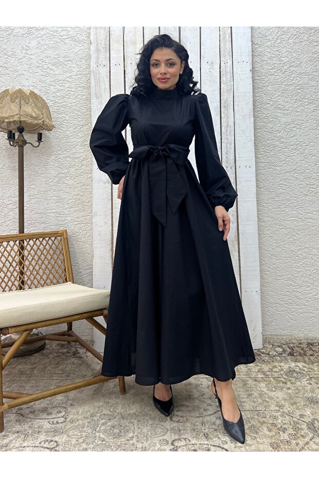 الحجاب الأسود الكبير القوس البوبلين فستان واسع
