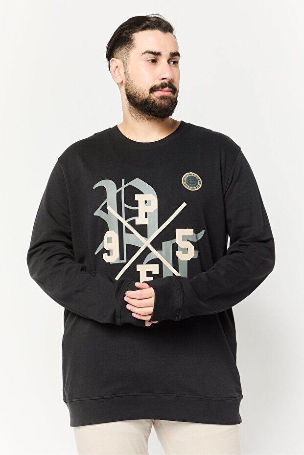 Men Crew Neck Long Sleeves Graphic Print Sweatshirt, Black