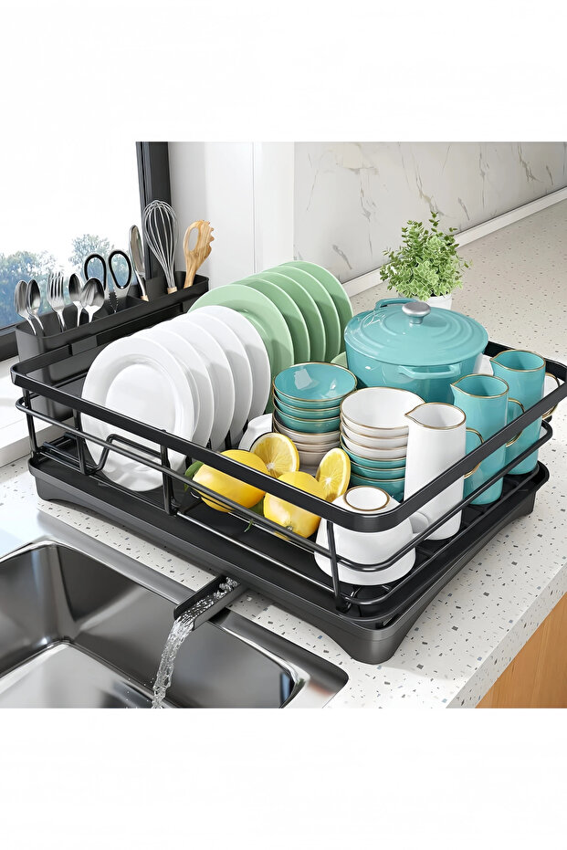 Large Capacity Single-Layer Dish Rack, Sturdy Drainer with Removable Cutlery Holder