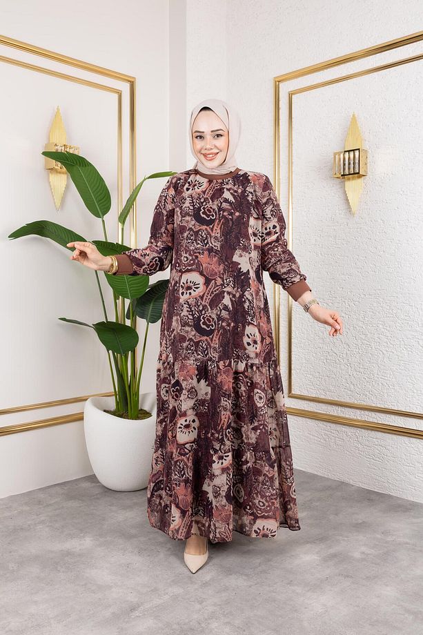 Kadın Astarlı Şifon Desenli Elbise - 4