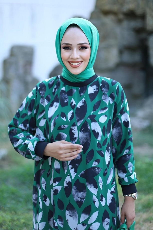 KADIN ASTARLI ŞİFON DESENLİ ELBİSE - 6