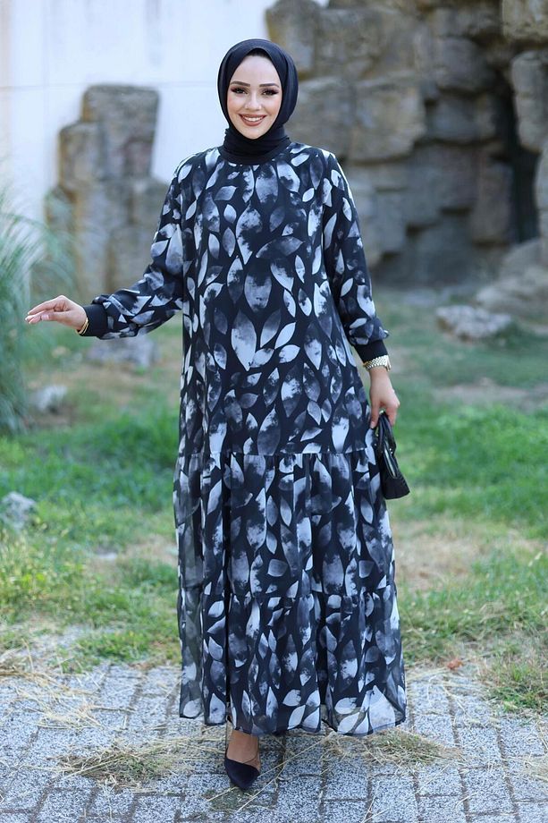 KADIN ASTARLI ŞİFON DESENLİ ELBİSE - 3