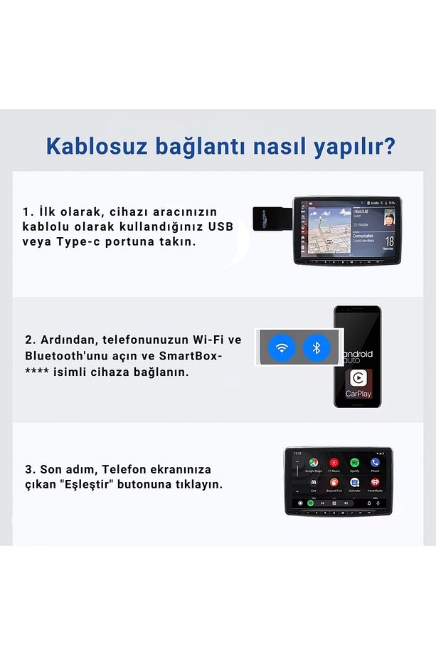 Araç Içi 2in1 Android ve Apple Cihazlar Için Kablosuz Android Auto ve Carplay Adaptörü (EMT-006) - 5