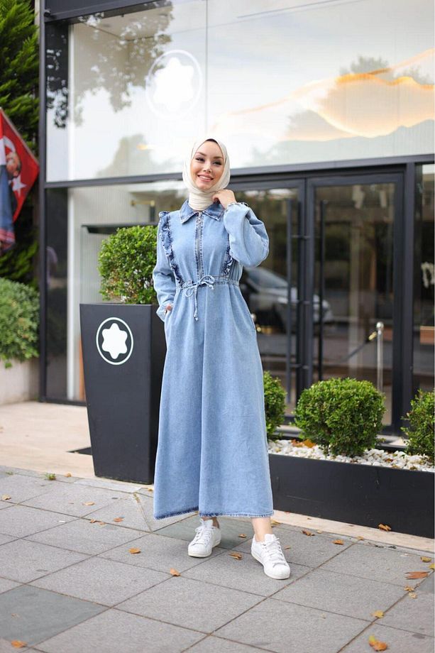 KADIN FIR FIRLI BELDEN BAĞLAMALI DENİM KOT ELBİSE - 4