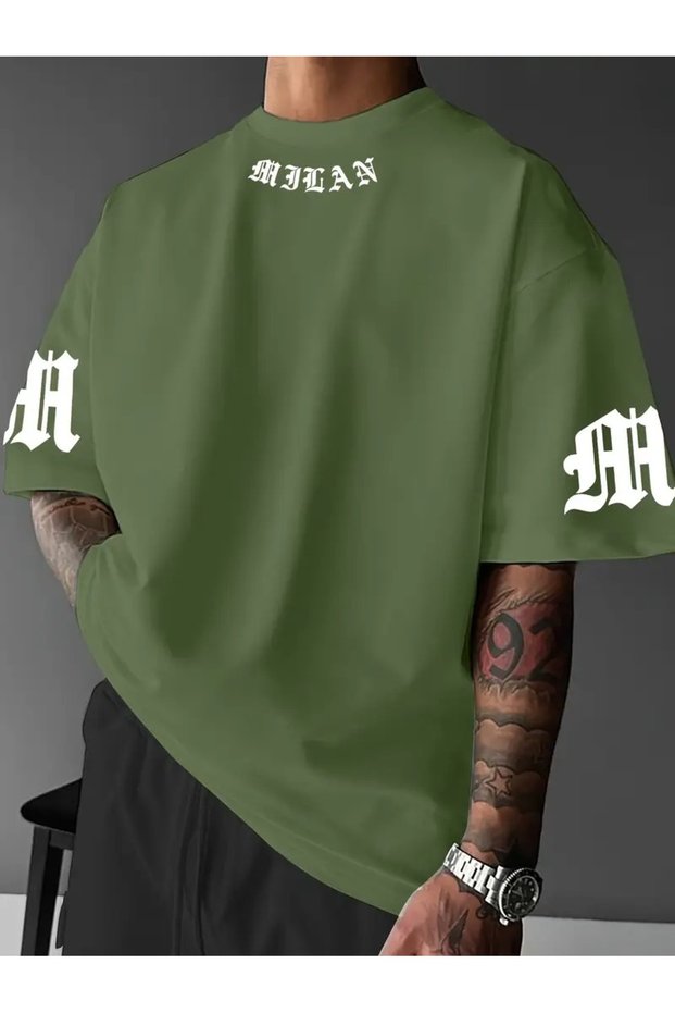 Milan Graphic T-Shirt for Men - Casual Green Letter Print T-Shirt, Summer Outdoor Wear
