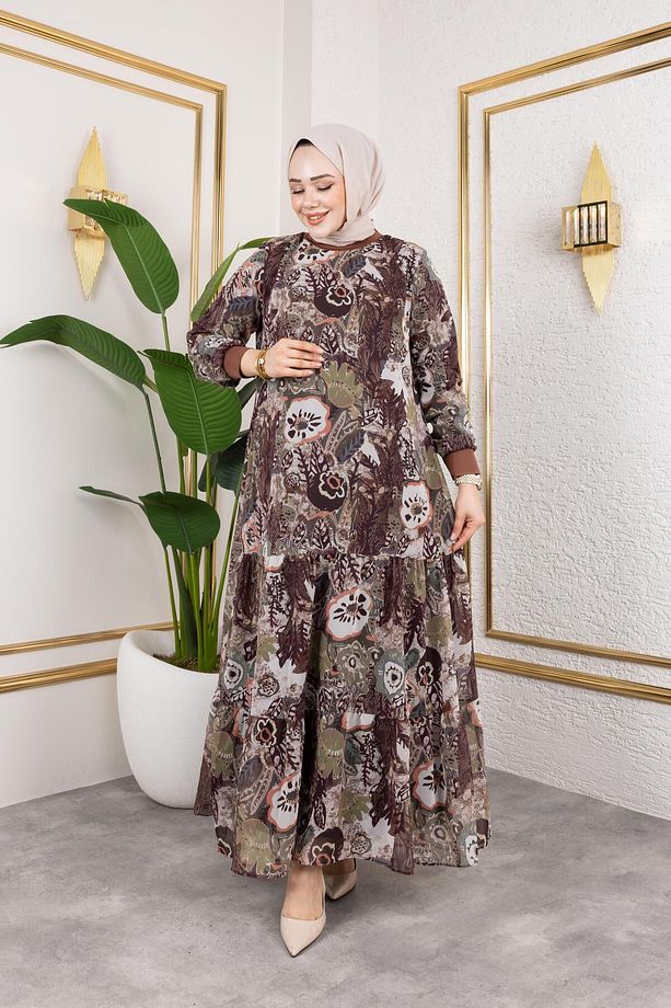 Kadın Astarlı Şifon Desenli Elbise - 4