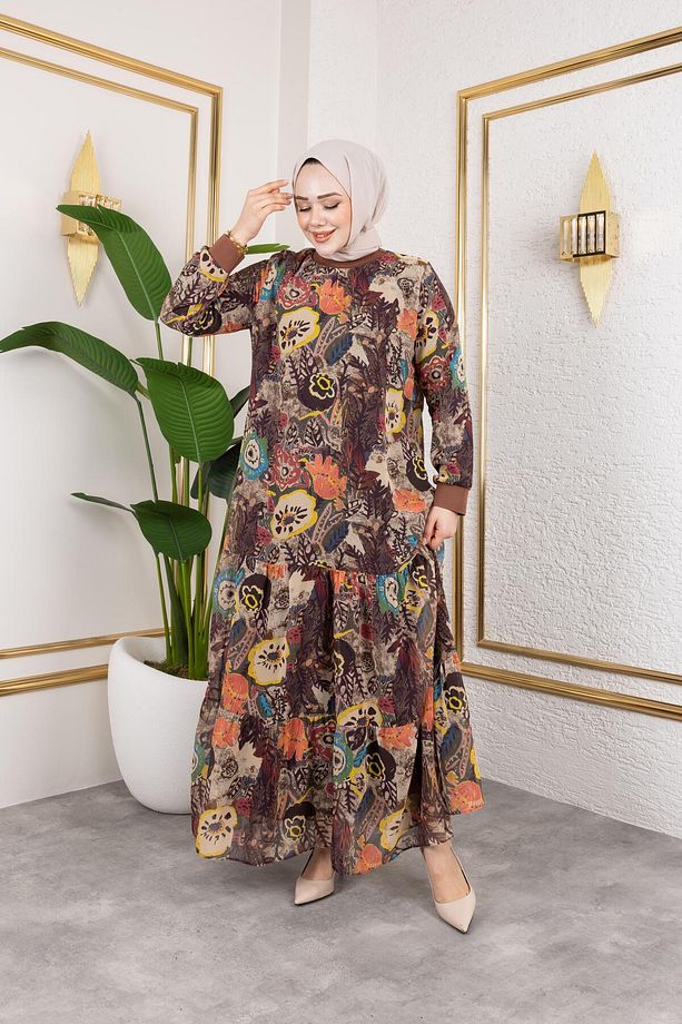 Kadın Astarlı Şifon Desenli Elbise - 4