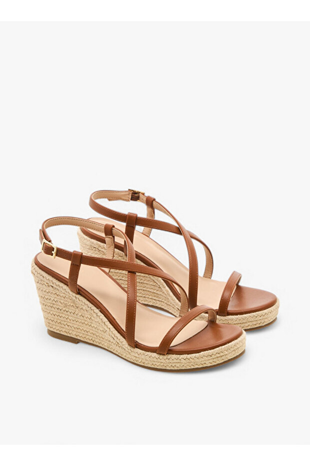 Textured Cross Strap Wedge Heel Sandals with Buckle Closure