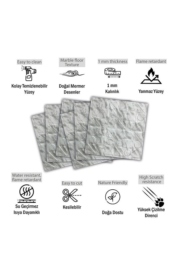 Kendinden Yapışkanlı 3d Kabartmalı Mermer Kareli Desen Pvc Duvar Panel 41x41 Cm/ 6 Adet /1 M² - 2