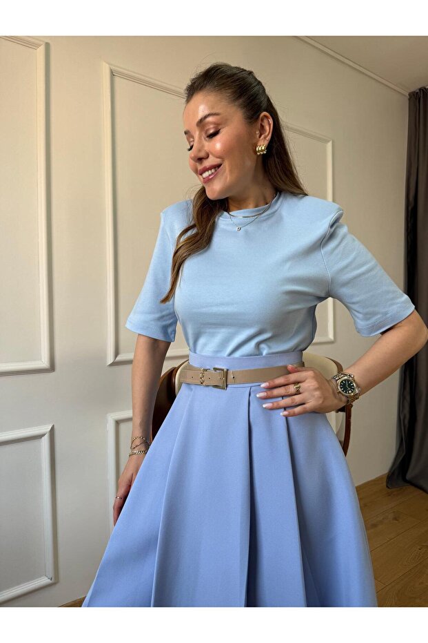 Mavi Vatkalı Basic Tshirt - 5