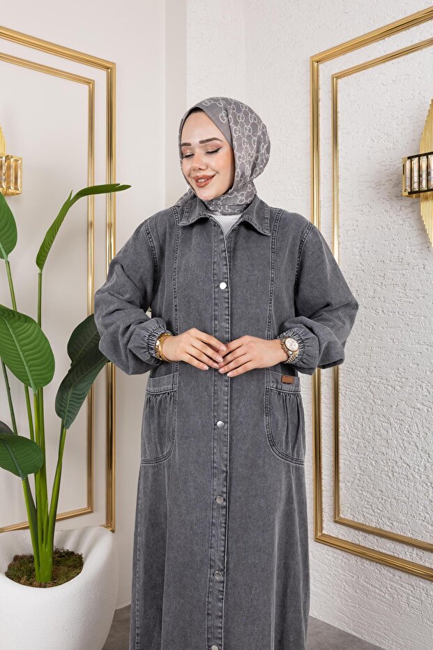 Kadın Düğmeli Cepli Kar Yıkamalı Denim Kot Kap - 5