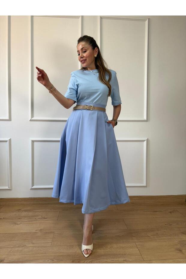 Mavi Vatkalı Basic Tshirt - 4