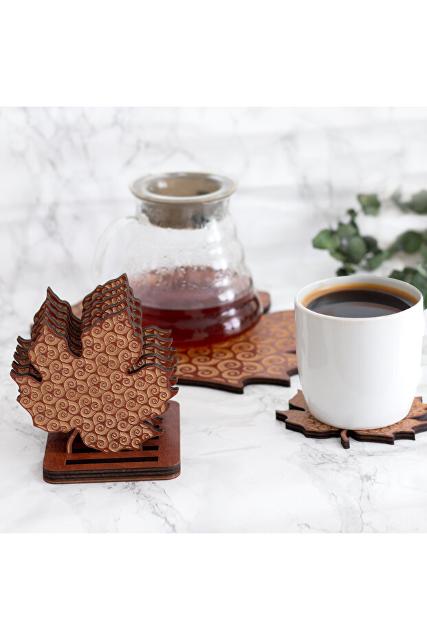 Huş Ahşap Yaprak Desenli Nihale ve 6’lı Bardak Altlığı Seti - Otantik - Nostaljik - 1