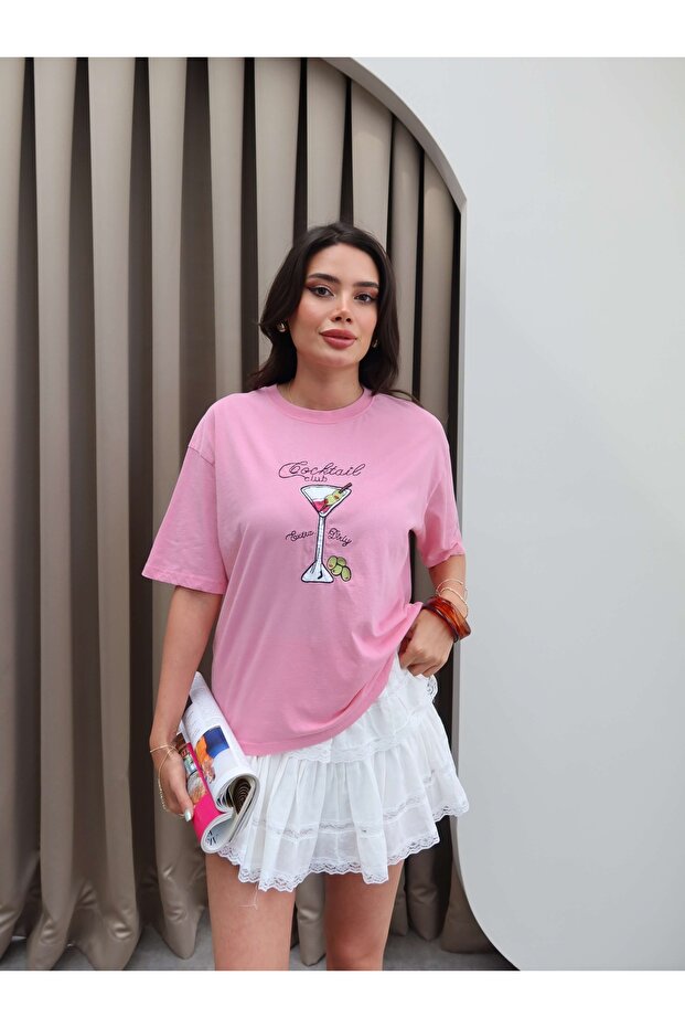 Cocktail Baskılı Oversize Tshirt - 1