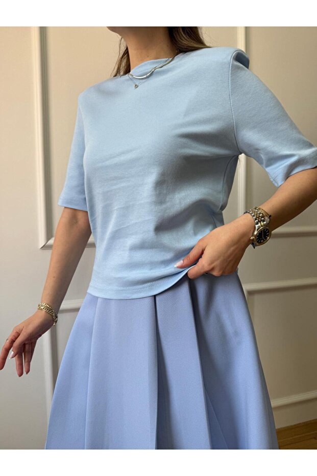 Mavi Vatkalı Basic Tshirt - 1