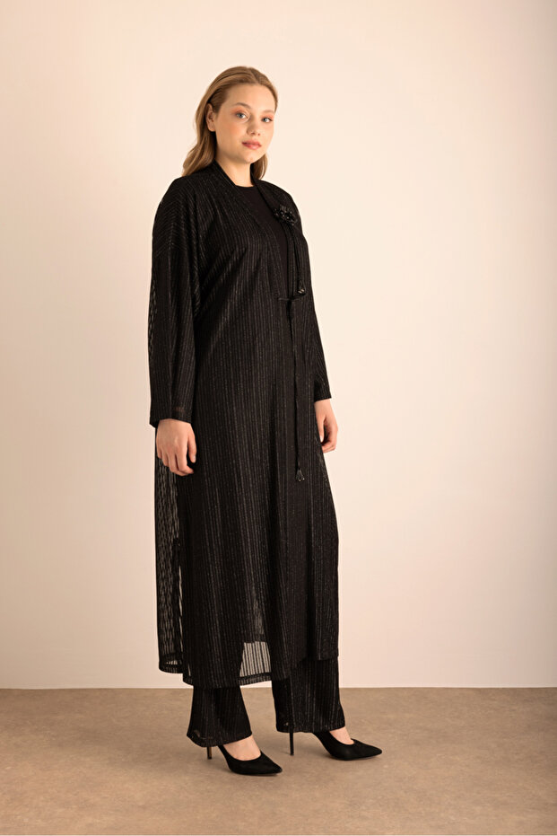 Çiçek Broş Detaylı Örme Simli Kimono - 6