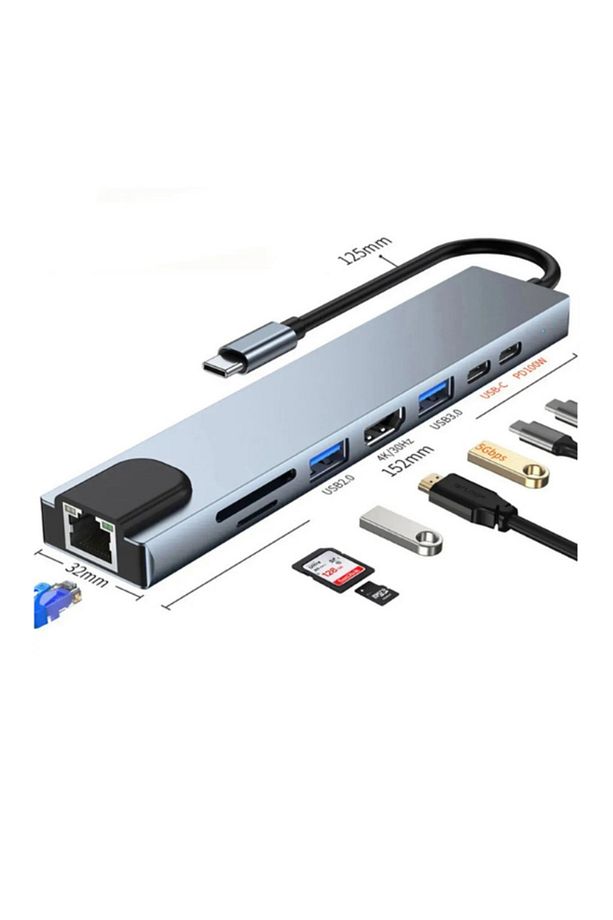Çevirici Adaptör Çok Portlu Çoklayıcı Usb Hub 8 In 1 Usb Type-c Usb 2.0/3.0 Audio 3.5 Tf Sd - 1