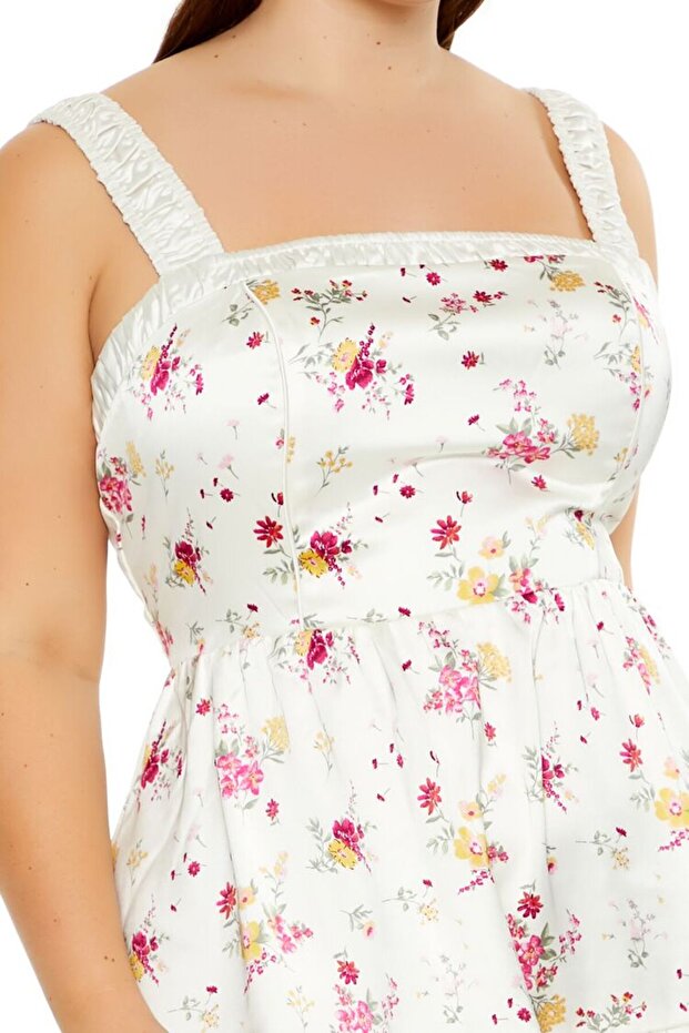 Plus Size Çiçek Desenli Mini Elbise - 3
