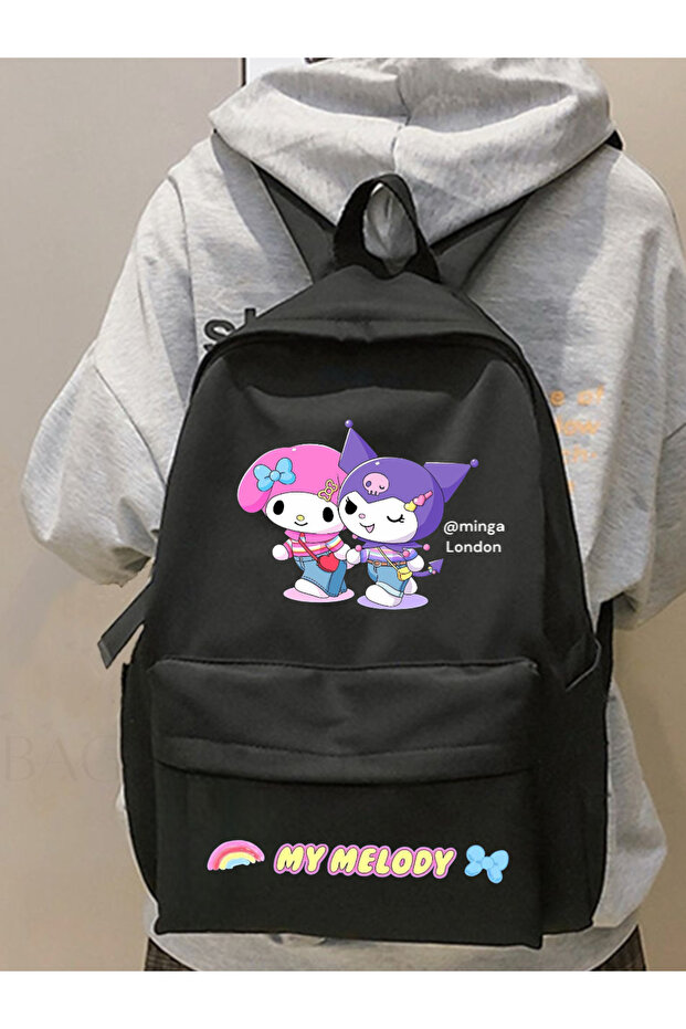 Black Kuromi & Melody Friend Printed School, Classroom, Course Printed Backpack -Minga London