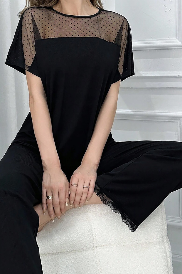Nies Pajama Set Women's Short Sleeve Tulle Detailed Black