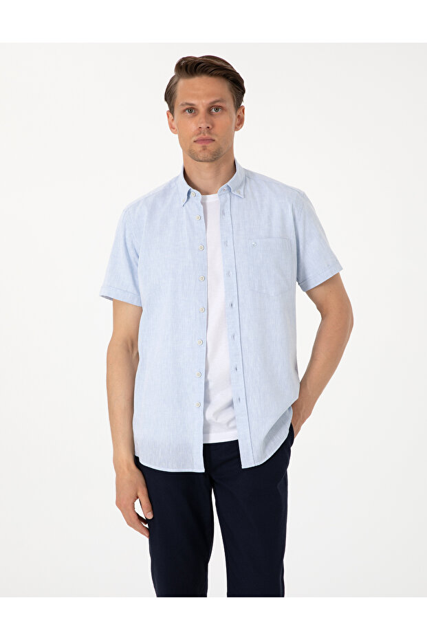 Light Blue Linen Blend Regular Fit Short Sleeve Shirt 50303287-Vr003