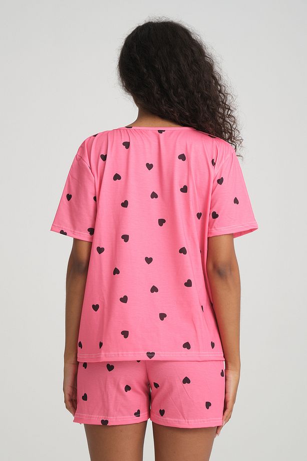 iLove Kısa Kollu Şort Kadın Pijama Takımı Örme Kumaş Pamuklu Siyah Kalpli Desenli SüperSoft - 5