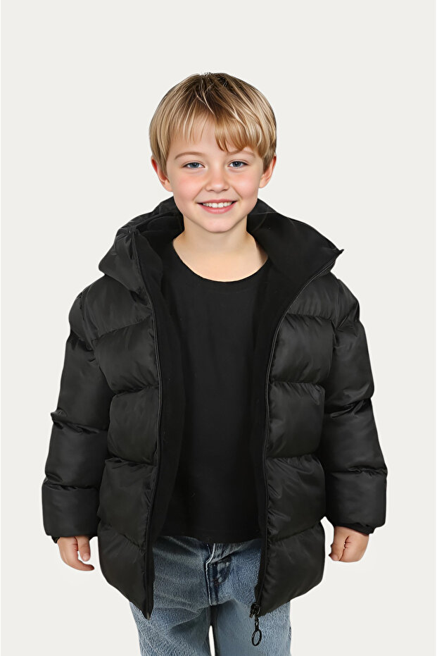 Boys' Black Fleece-Lined Hooded Waterproof Wind-Resistant Puffer Winter Coat & Jacket