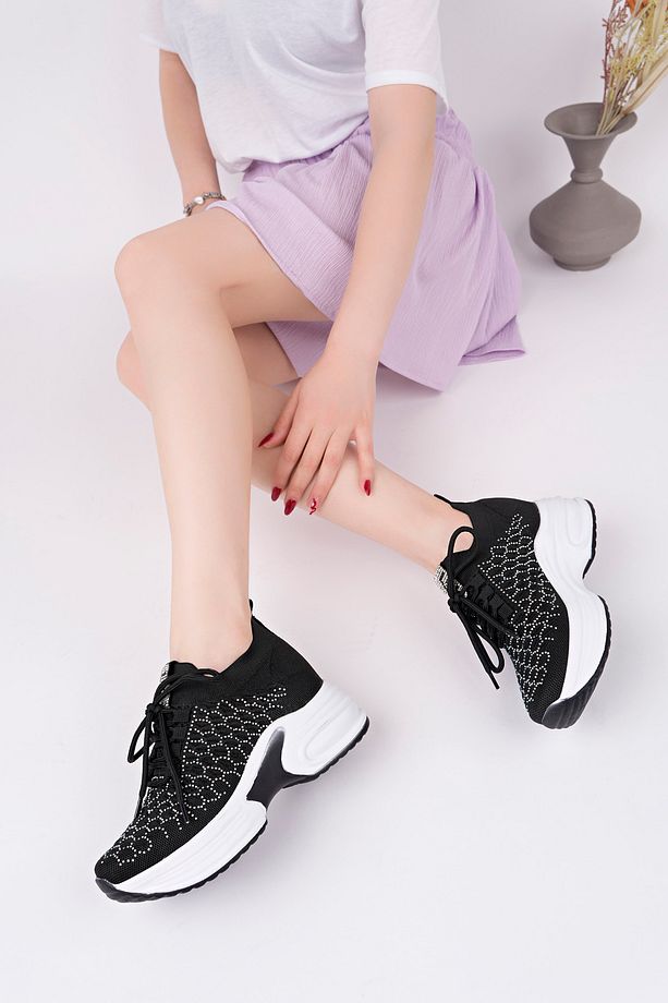 KADIN SİYAH GİZLİ TOPUK TAŞLI YÜKSEK TABAN TRİKO SNEAKER AYAKKABI - 6