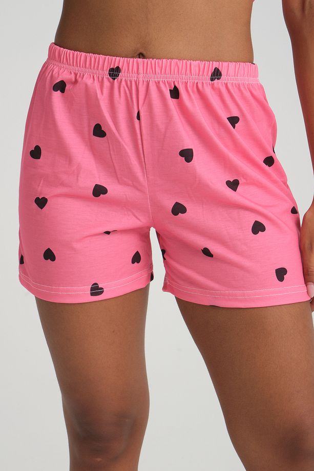 iLove Kısa Kollu Şort Kadın Pijama Takımı Örme Kumaş Pamuklu Siyah Kalpli Desenli SüperSoft - 7