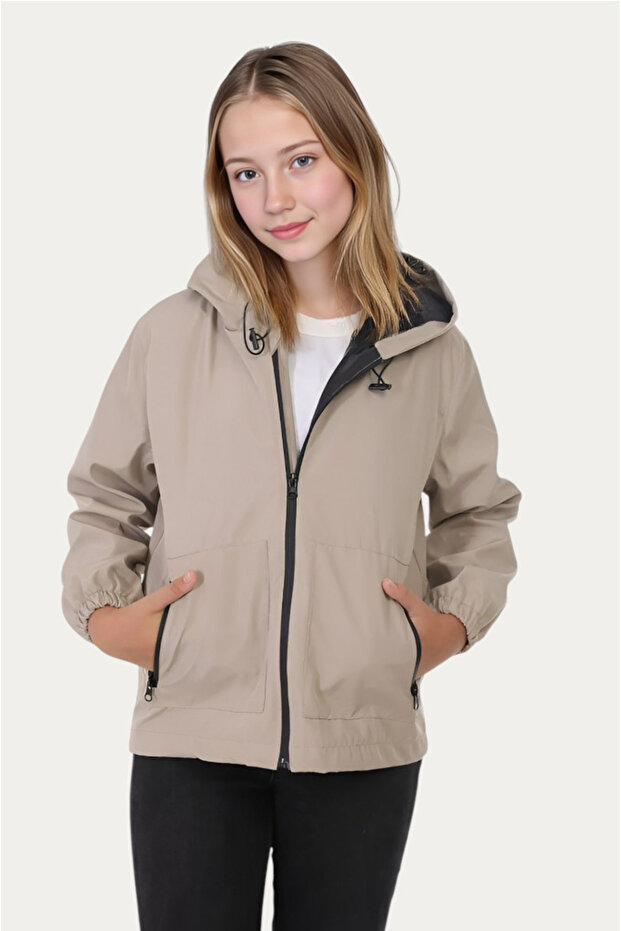 Girl's Stone Lined Water and Windproof Hooded Double Zipper Pocket Raincoat