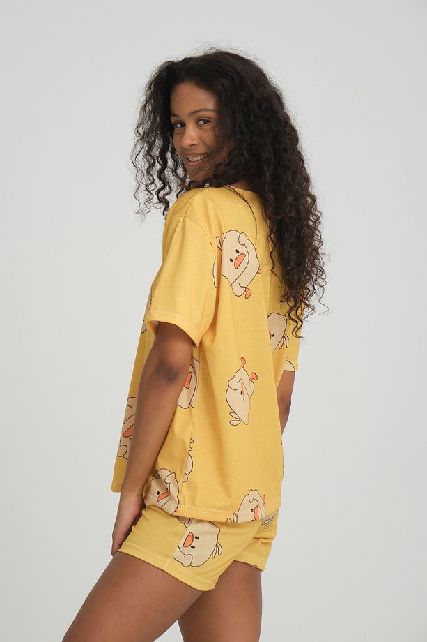 iLove Kısa Kollu Şort Kadın Pijama Takımı Örme Kumaş Pamuklu Civciv Desenli SüperSoft - 1