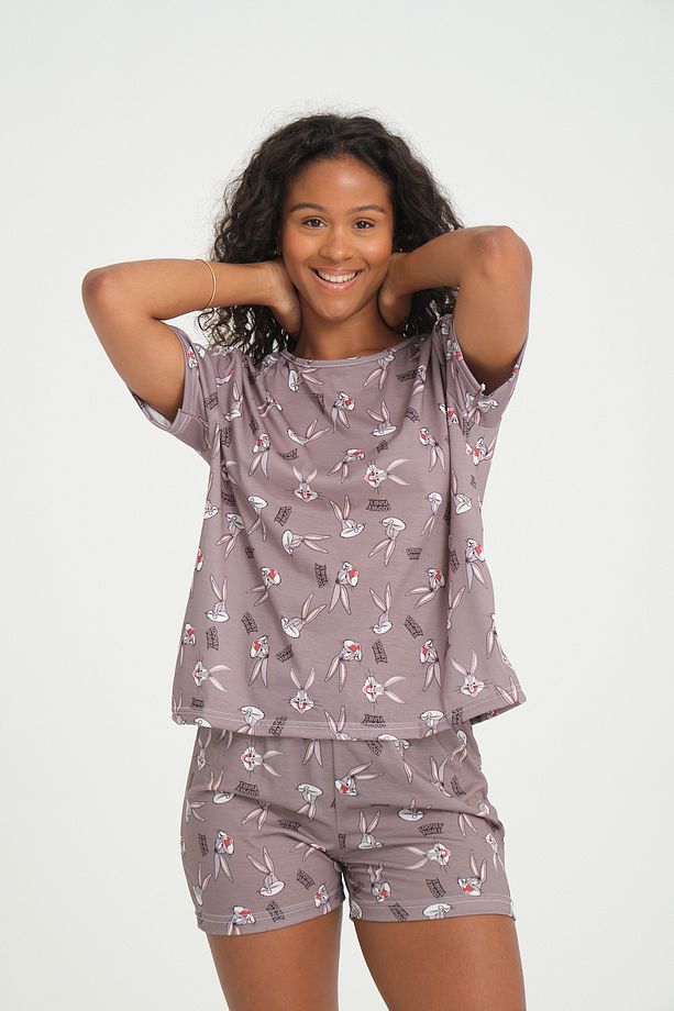iLove Kısa Kollu Şort Kadın Pijama Takımı Örme Kumaş Pamuklu Bugs Desenli SüperSoft - 6