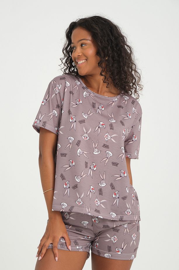 iLove Kısa Kollu Şort Kadın Pijama Takımı Örme Kumaş Pamuklu Bugs Desenli SüperSoft - 7