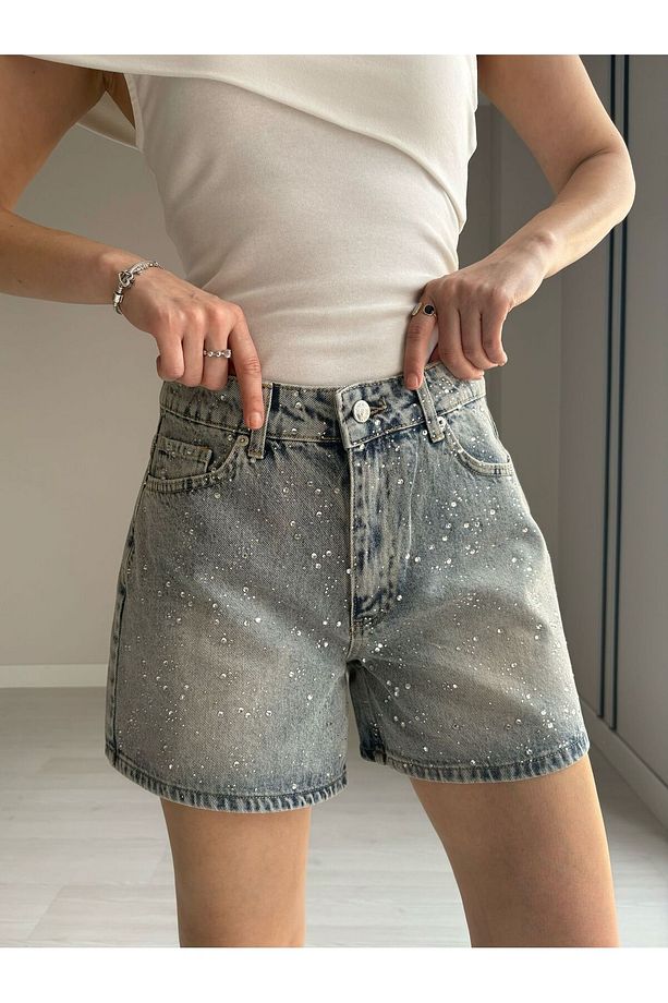 Taşlı Denim Şort - 1
