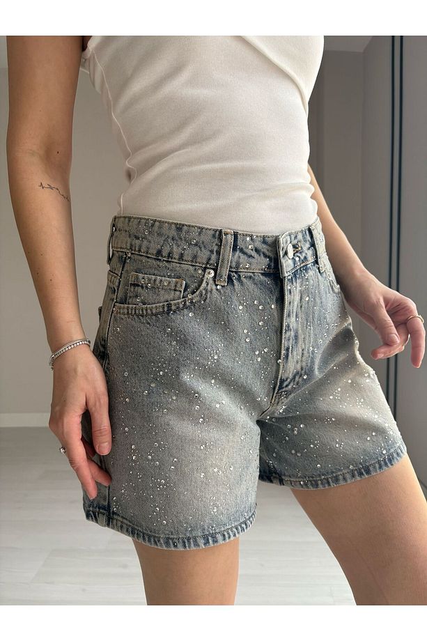 Taşlı Denim Şort - 2