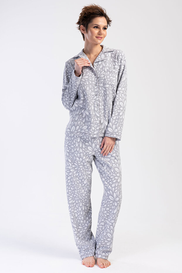 Women's Jacquard Interlock Collar All Buttoned Crochet Long Sleeve Pajama Suit, 402034