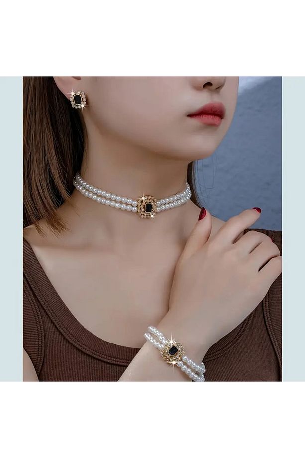 Lüks Elegant Çift Sıra İnci Kolye,Bileklik ve Küpe Seti Yeşim Taş Vurgular, Akrilik, Günlük Giyim - 1