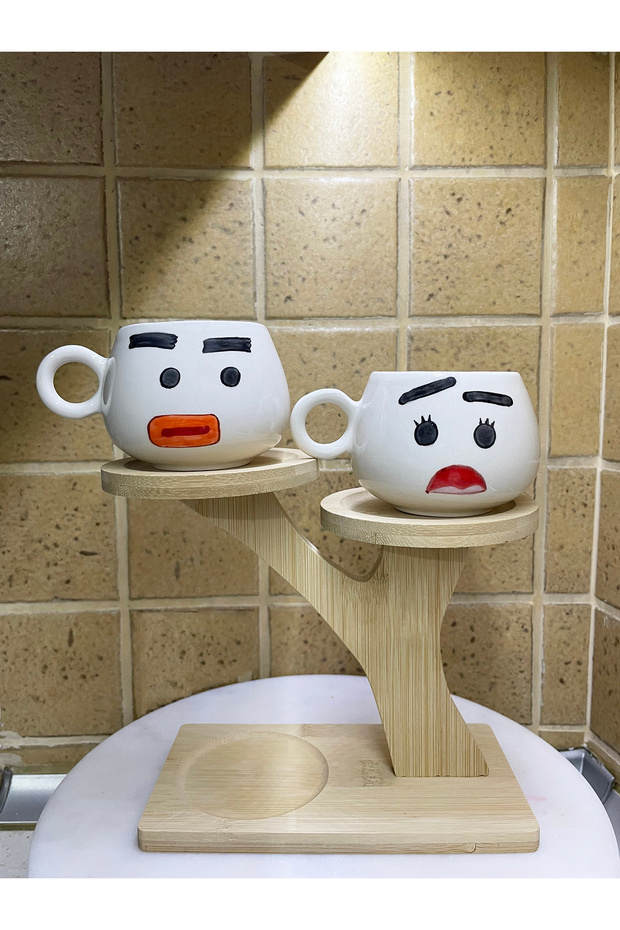 Handmade Ceramic Mug Husband & Wife / Diligent & Anxious Tea Coffee Cup with 2 Mug Cartoon Cups