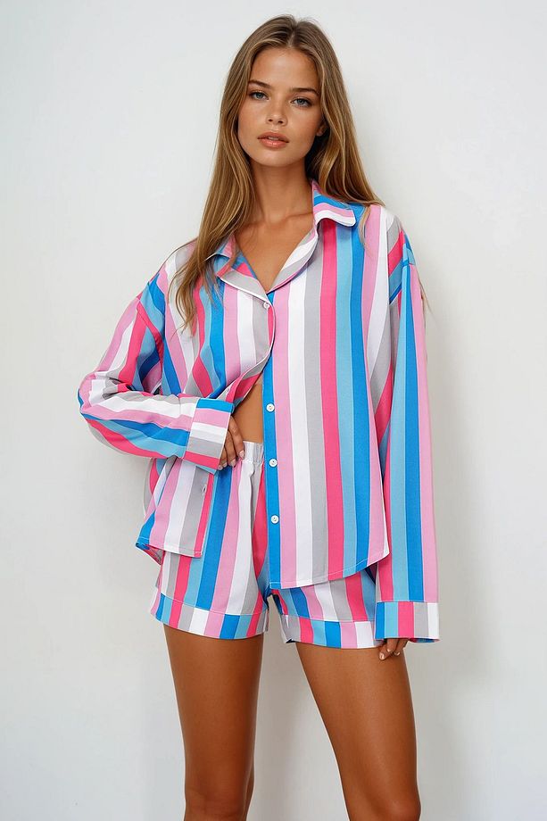 Kadın Mıx V Yaka Manşet Ve Paça Detaylı Dokuma Yazlık Gömlek Ve Şort Pijama Takım Prmx14110 - 3